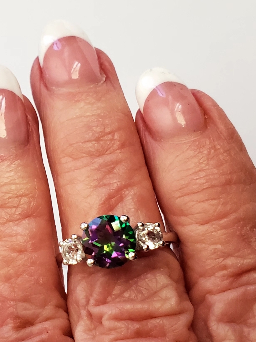 Mystic Topaz Three-Stone Sterling Ring Sz 6-6.25 Purple Green Sparkle - New